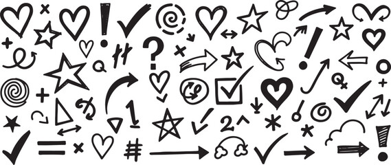 Obraz premium Hand drawn hearts stars arrows exclamation marks check marks, heart, star, arrow, check mark, exclamation mark, question mark, swirl, cross, hash, circle, equals sign, doodle, black, white, graphic, s