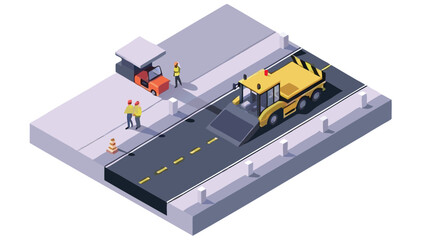 Isometric view of road construction with yellow machine and workers near orange vehicle and cone