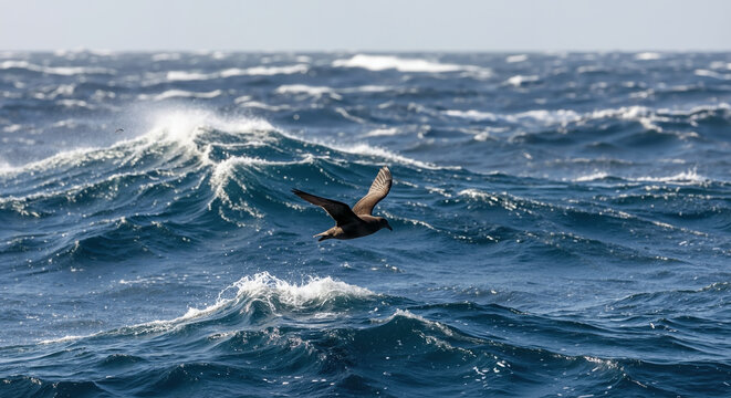 Seabird flying low over ocean waves with outstretched wings at sunset. Marine bird in natural coastal habitat for wildlife conservation and seabird protection campaigns - Powered by Adobe