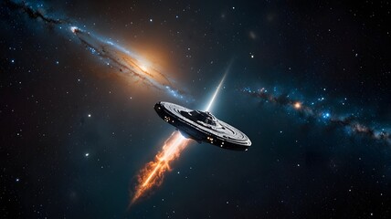 A spaceship floating between two distant galaxies 