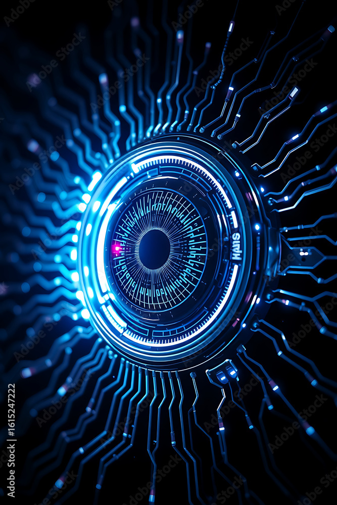 Aufkleber abstract image of a glowing blue eye-like structure with circuit board patterns radiating outwards o