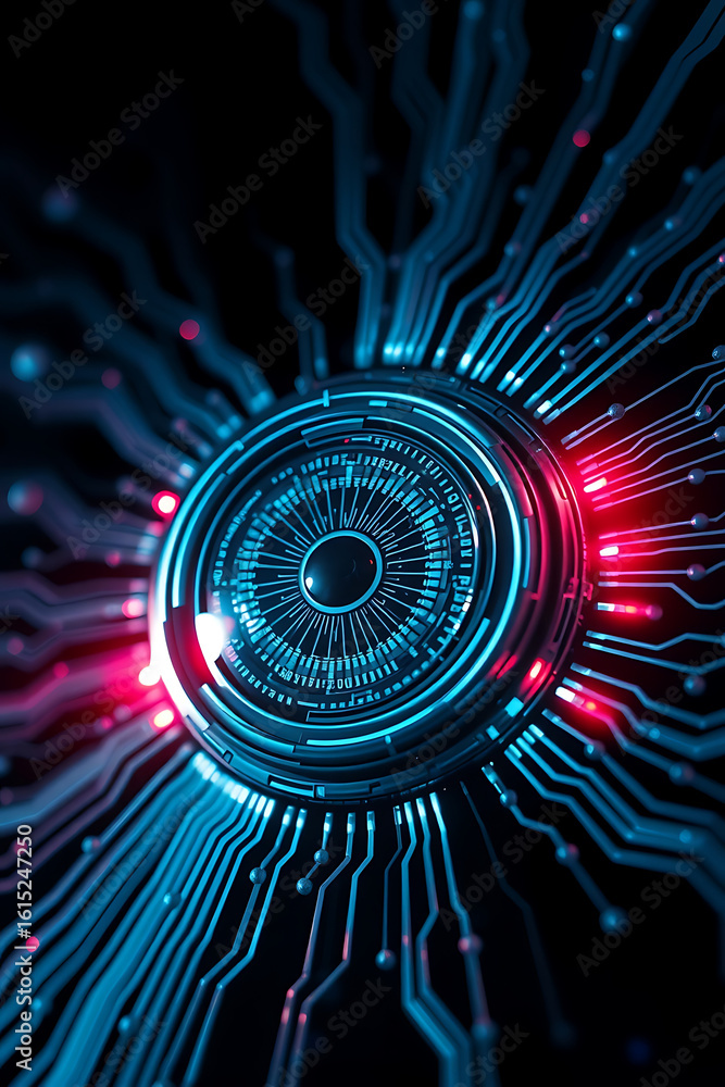 Poster a close-up view of a digital eye with circuit board patterns.