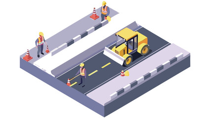 Isometric view of road construction site with workers and bulldozer performing maintenance work shown