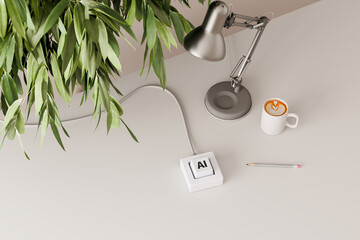 A one key keyboard with the text AI on a desk with desk lamp, coffee, pencil and ficus tree. Symbolizing AI as a simple one stop solution for everything. Artificial General Intelligence AGI.