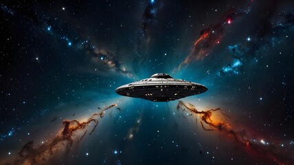 A spaceship floating between two distant galaxies 