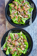 sautéed mushroom salad with bibb lettuce, prosciutto, and parmesan cheese