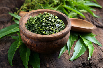 Natural Thai herbal remedy made from organic Kariyat leaves, scientifically identified as Andrographis paniculata Wall ex Ness, belonging to the Acanthaceae family.