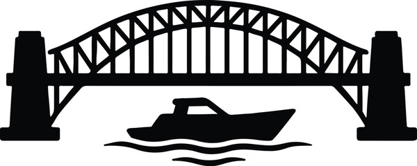 Silhouette bridge boat on water abstract scene vector illustrator