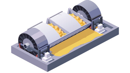 Isometric view of a conveyor belt system transporting yellow material with rotating drums on each end