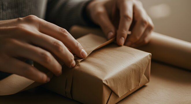 Close-up of a person's hands carefully folding brown kraft paper to wrap a gift box.