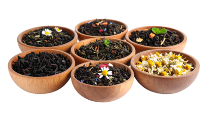 wooden bowls with herbs on transparent background.