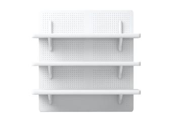 White, three-tiered, pegboard shelving unit