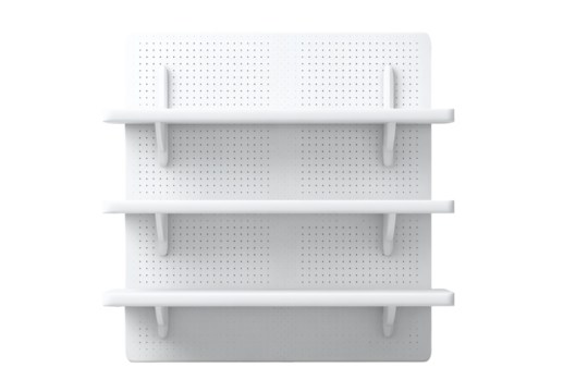 White, three-tiered, pegboard shelving unit