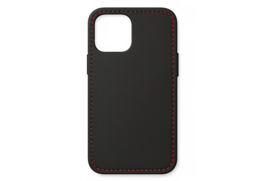 Sleek black leather phone case featuring vibrant red stitching, presenting clean design against transparent backdrop for mobile app developers and custom skin creators