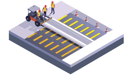 Isometric view of road marking machine with workers painting zebra crossing on the asphalt road