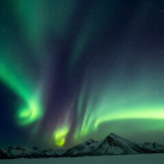 Northern lights over snowy mountains, starry sky, peaceful vibe

