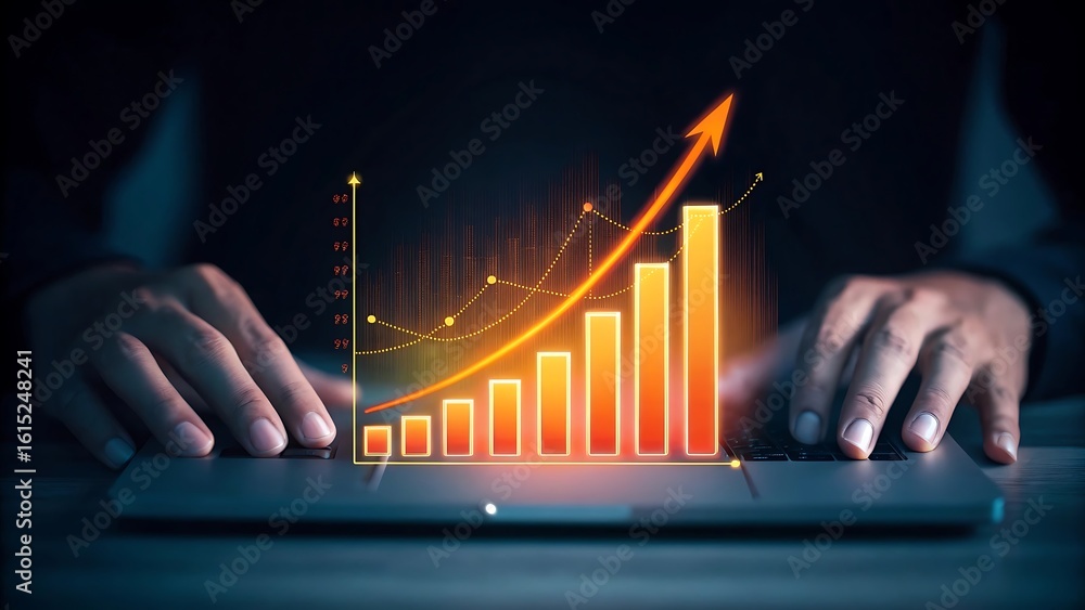 Poster hands on a tablet displaying a glowing orange bar chart with an upward trend arrow
