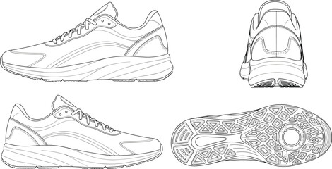Running shoe cad drawing, side top back sole view, technical sneaker illustration, flat vector footwear design for fashion industry use