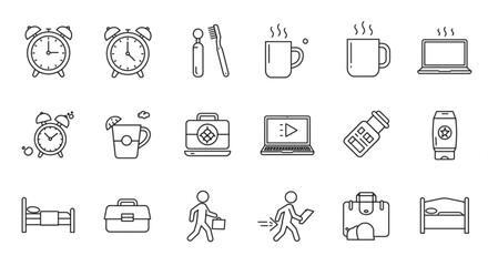 Illustration of morning routine icons including alarm clocks, coffee, and travel items displayed