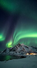 Naklejka premium Northern lights over snowy mountains, starry sky, peaceful vibe