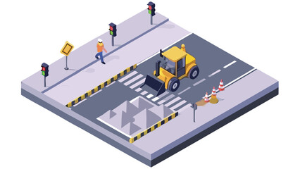 Isometric view of a construction site with a tractor, pedestrian and traffic lights on a street scene