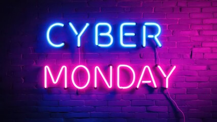 Cyber monday neon sign with blue and pink lights on a brick wall for online shopping promotion event
