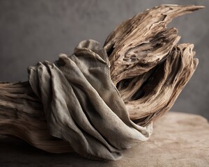 Natural asymmetry of driftwood crumpled fabric and simple pottery styling