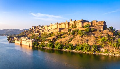 Majestic fort on a hill overlooking a lake
