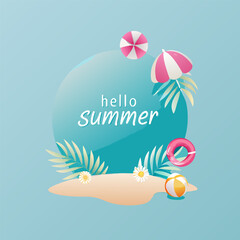 Vibrant Hello Summer Illustration with Beach Elements on a Blue Background for Designs