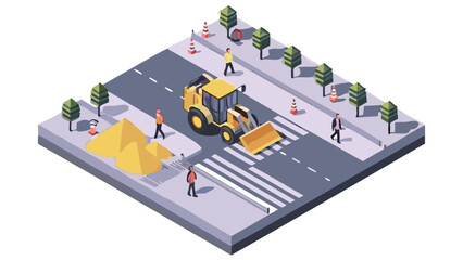 Isometric view of a yellow bulldozer on a road with pedestrians and trees on a gray platform