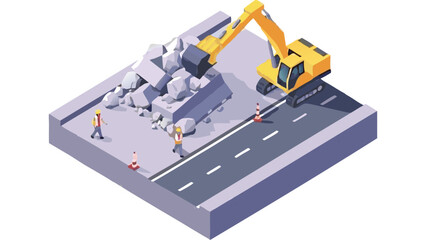 Isometric view of construction site with excavator workers and road under maintenance with rocks