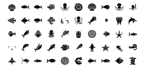 Fototapeta premium WebVector art of a collection of marine life silhouettes, isolated on white background