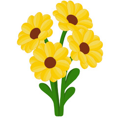 Naklejka premium A vibrant cartoon-style illustration of a bouquet of yellow daisy-like flowers with brown centers and green stems