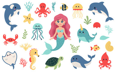 Sea animals set. Fish and wild marine animals are isolated on white background.