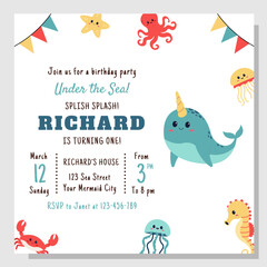 Sea animals party invitation. Kids birthday under the sea invitation with sea animals.
