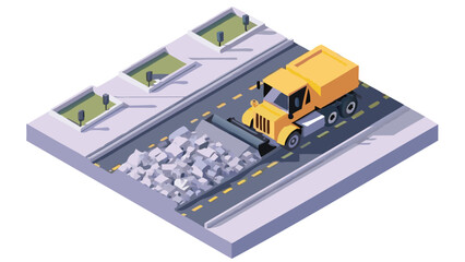Isometric view of a yellow dump truck removing rubble from a road with a sidewalk and planters