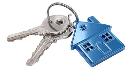 Two silver keys attached to a small, blue house-shaped keychain