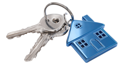 Two silver keys attached to a small, blue house-shaped keychain