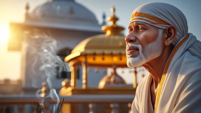 Golden rays illuminate Sai Baba portrait with temple backdrop, divine tranquility evoking peace