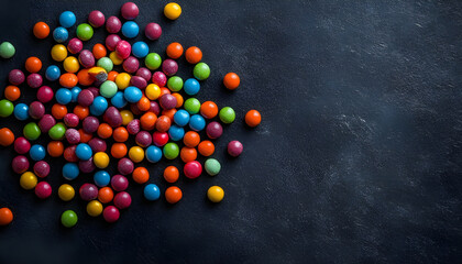 Colorful round candy scattered on dark background for confectionery sweets snack food photography and branding design visuals