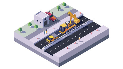 Isometric view of road construction with trucks and crane on a raised road section with trees and building
