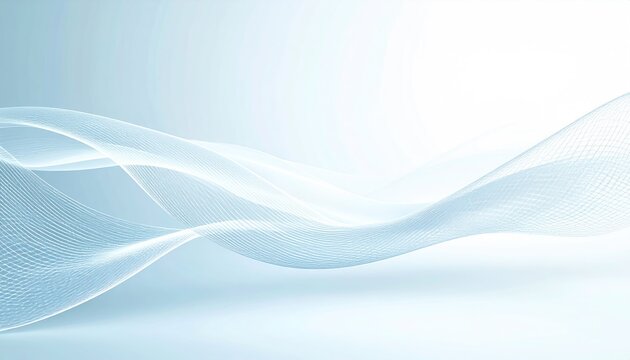 Abstract Light Blue Mesh Sculpture Floating With Wavy Structure on a Soft White Gradient Background