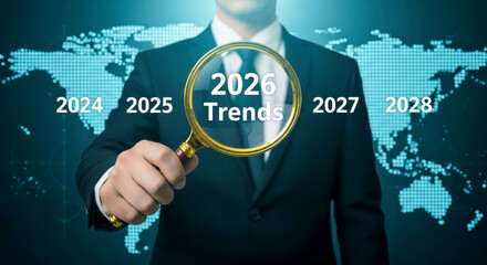 Businessman in a suit holding a magnifying glass over "2026 Trends" with a world map background, examining future global developments