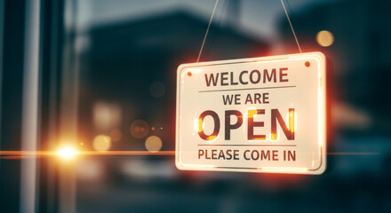 "Welcome We Are Open Please Come In" sign hanging on a glass door, illuminated by a warm glow, indicating a business is ready for customers