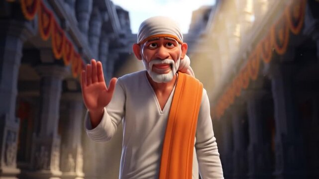 Animated depiction of Sai Baba within a temple setting conveying spirituality and devotion