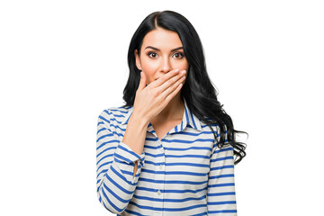 young woman covering her mouth isolated on white