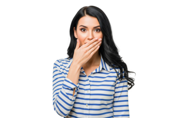 young woman covering her mouth isolated on white