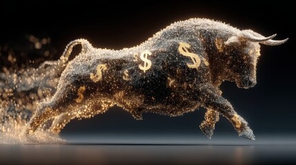 Obraz premium Digital bull charging forward with dollar signs on body