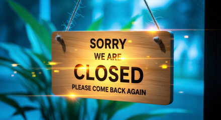 "Sorry We Are Closed Please Come Back Again" wooden sign hanging on a glass door, illuminated by a warm glow, indicating a business is currently unavailable