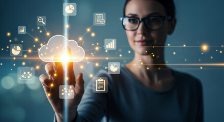 Businesswoman wearing glasses interacts with a glowing cloud computing interface surrounded by data and document icons, representing digital transformation and cloud technology